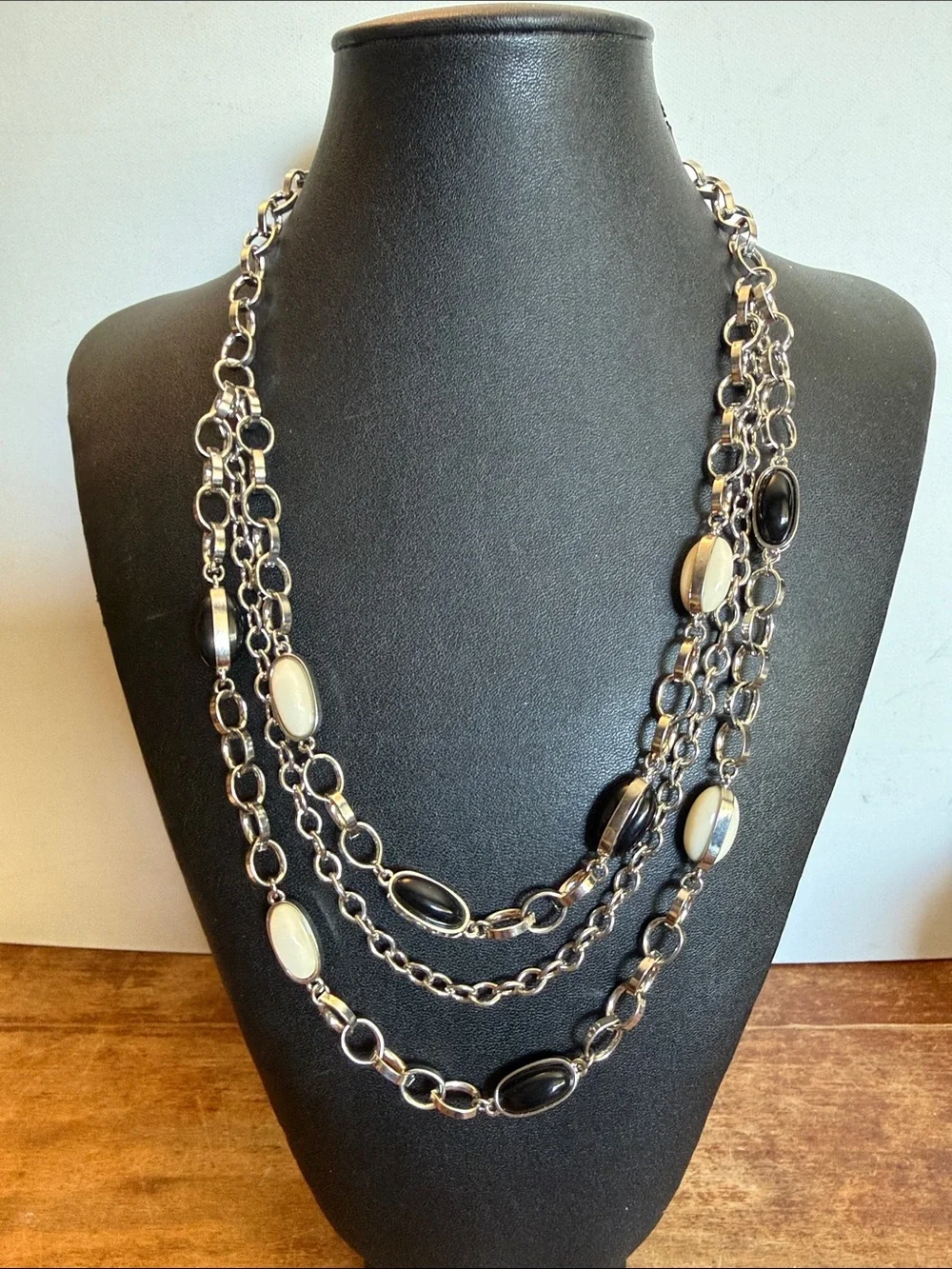 Layered Black and Cream Multi-Strand Silver Tone Necklace - Women Jewelry